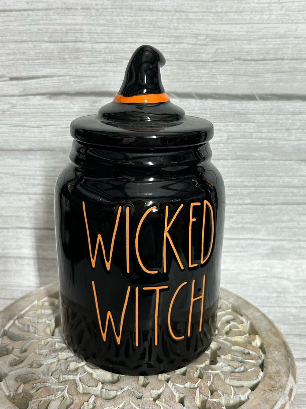 Rae Dunn Black Ceramic 'WICKED WITCH' Jar with Orange Lettering